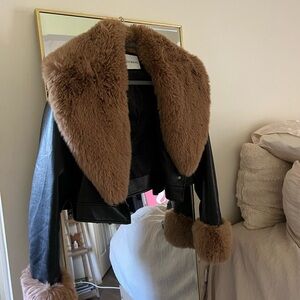 Luxurious Black Leather Jacket with Brown Faux Fur Trim
